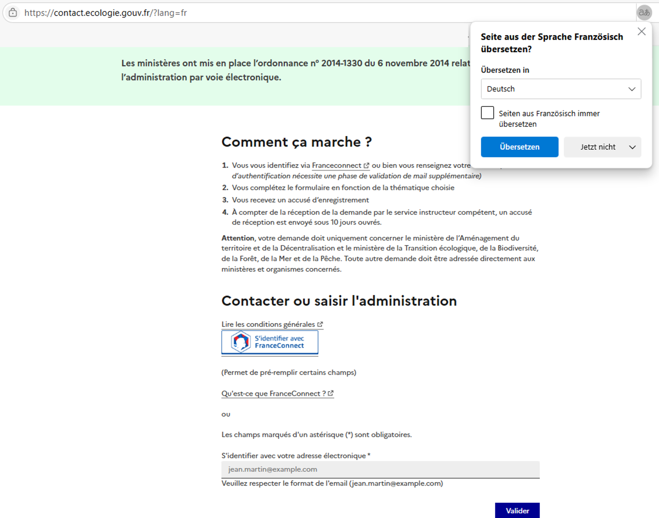 Ein Screenshot als Anleitung zum Ausfüllen des Kontaktformulars.