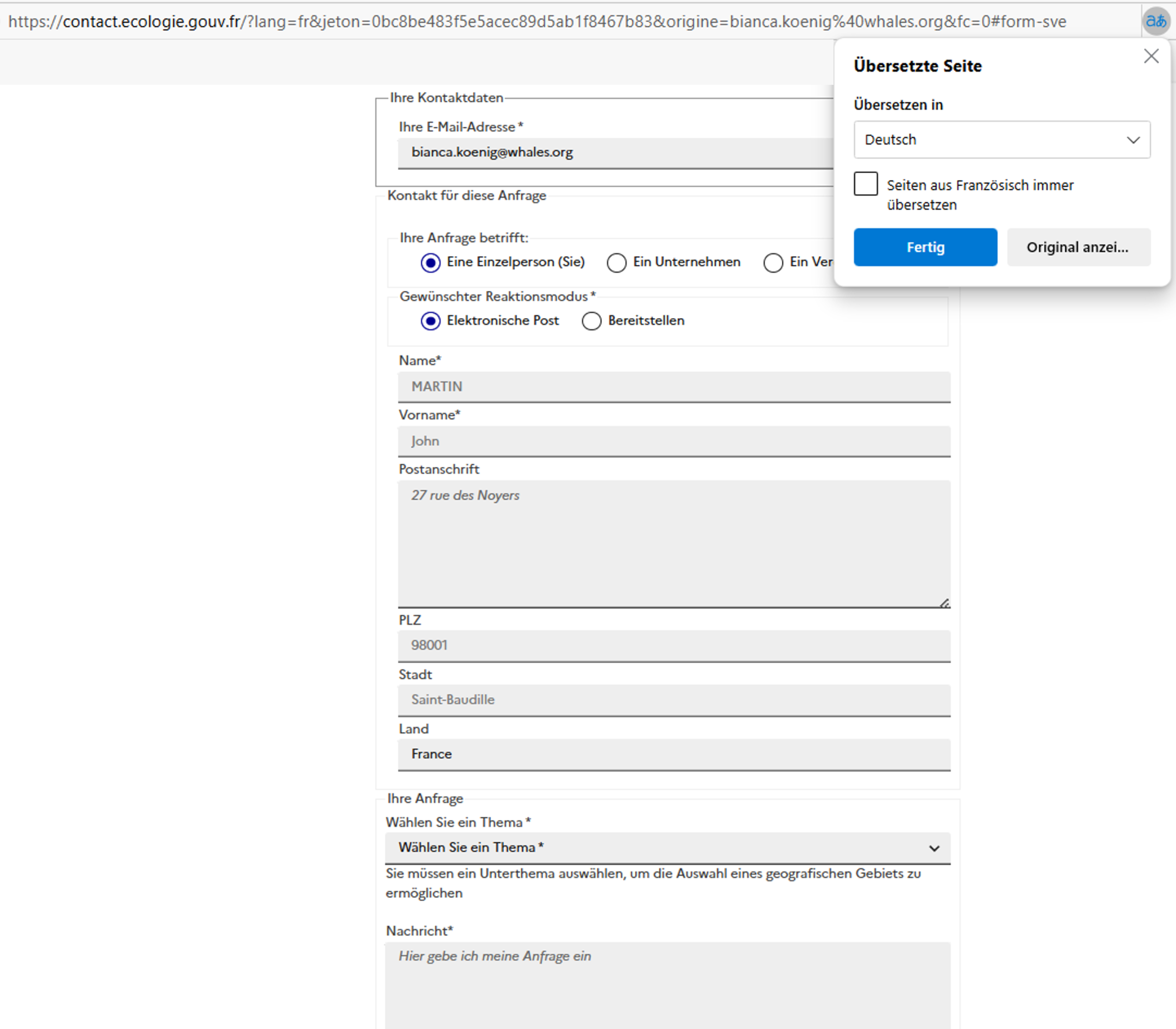 Ein Screenshot als Anleitung zum Ausfüllen des Kontaktformulars.