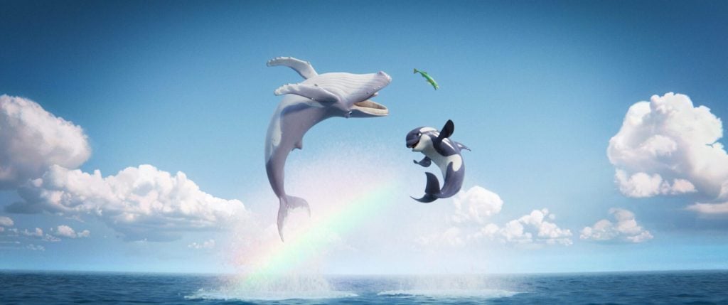 Buckelwal Vincent, Orca Darya und Nanny Walter aus dem Film "Der letzte Walsänger" springen aus dem Meer.